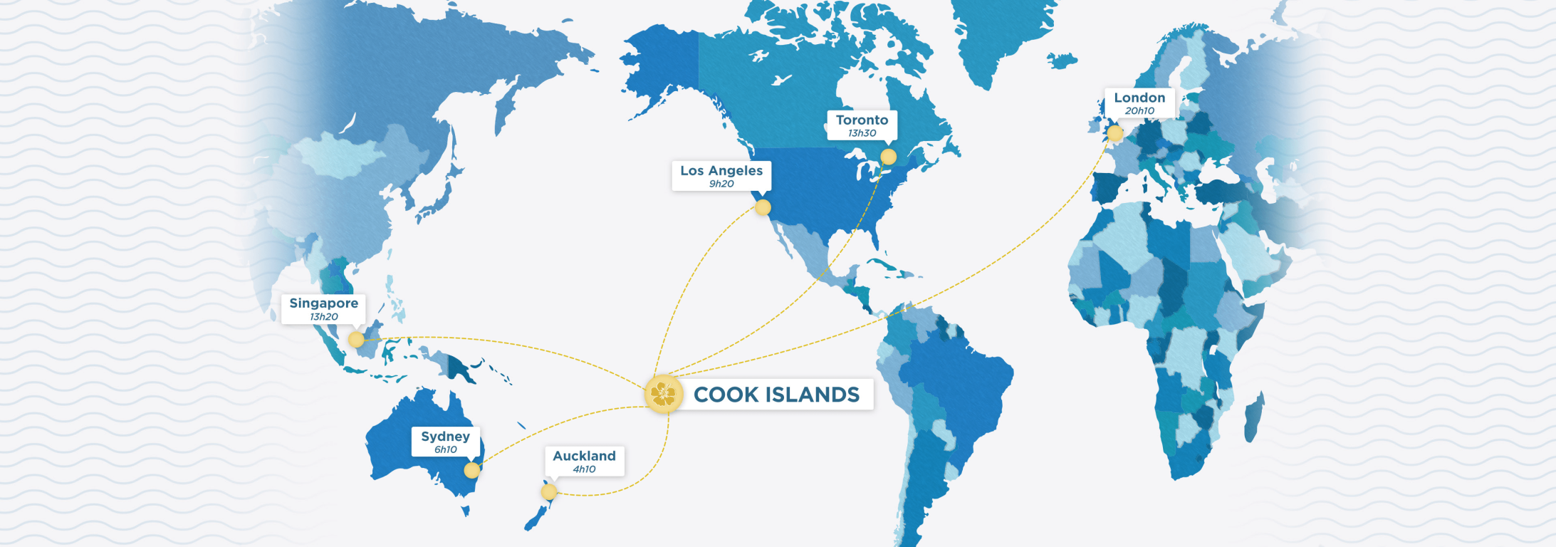 Map showing flight times from USA, Europe, Canada, Singapore, Australia and New Zealand from the Cook Islands