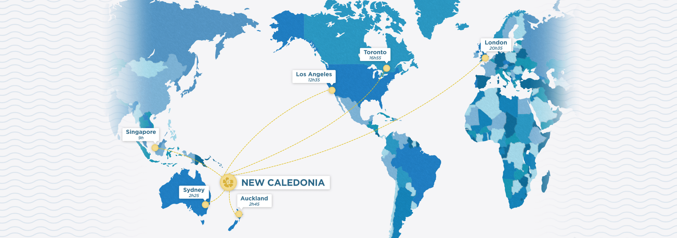 Map showing flight times from USA, Europe, Canada, Singapore, Australia and New Zealand from New Caledonia